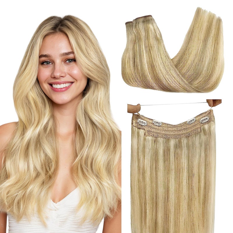 Goo-Goo GOO GOO Wire Hair Extensions Human Hair, 16/22 Light Blondewith mix Golden Blonde Highlighted 12inch 70g, Invisible Wire Hair Extensions with Transparent, Seamless Fish Line Hairpiece - Image 1